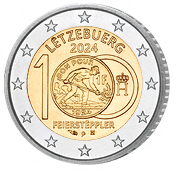 Zwei Euro Kursgedenkmünze Luxemburg 2024 bankfrisch, 100 Jahre Franc-Münzen mit dem Feiersteppler
