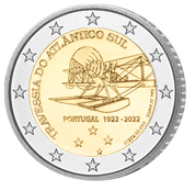 Zwei Euro Kursgedenkmünze Portugal 2022 in bankfrisch, 100 Jahre Atlantiküberquerung im Flugzeug