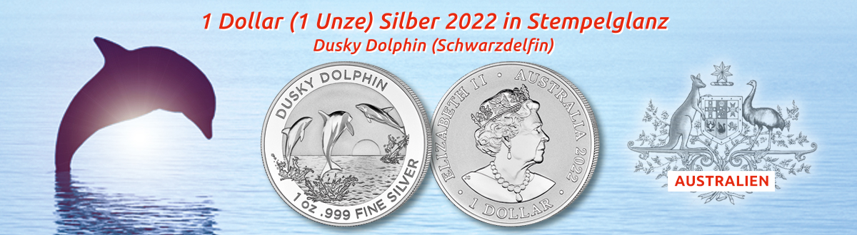Australien, 1 Dollar (1 Unze) 2022 Silber in Stempelglanz, Dusky Dolphin (Schwarzdelfin)