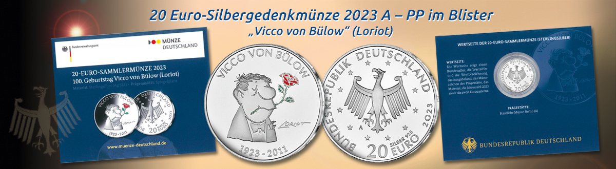 Deutschland, 20 Euro Silbergedenkmünze 2023 A PP im Blister, 100. Geburtstag von Vicco von Bülow (Loriot) (farbig)