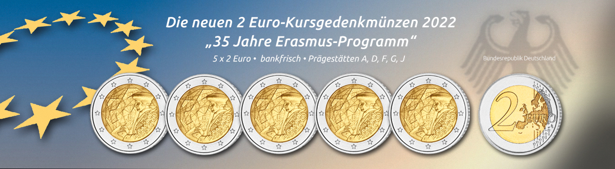 Deutschland, 2 Euro-Kursgedenkmünze 2022, Prägestätten A, D, F, G, J, bankfrisch, 35 Jahre Erasmus-Programm